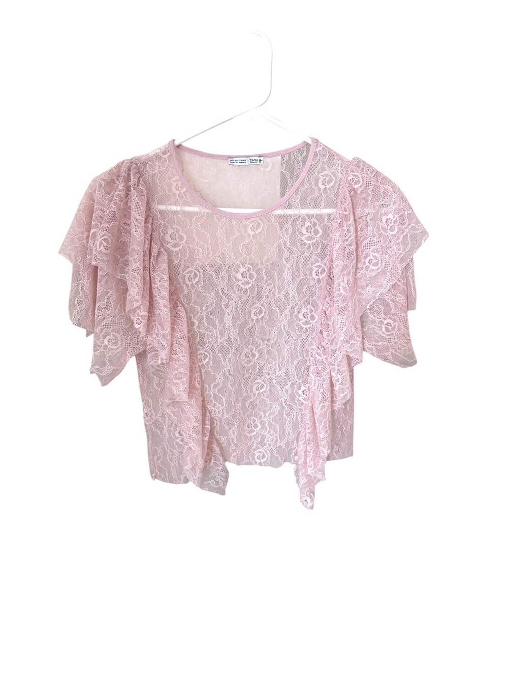Zara Pink Floral Lace Ruffle Sleeve Top S Sheer Flutter Blouse Romantic fairy
